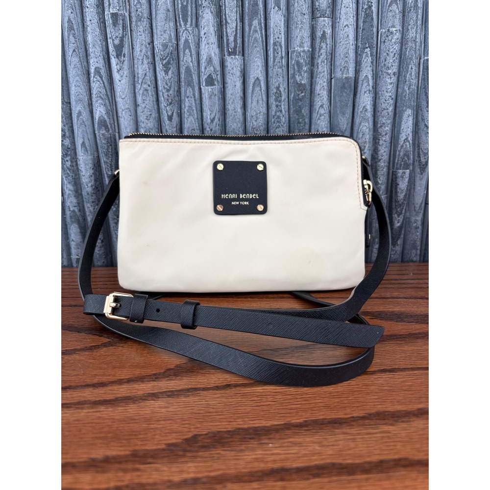 Henri Bendel New York Nylon Crossbody Bag Cream Black Saffiano Trim Triple Zip